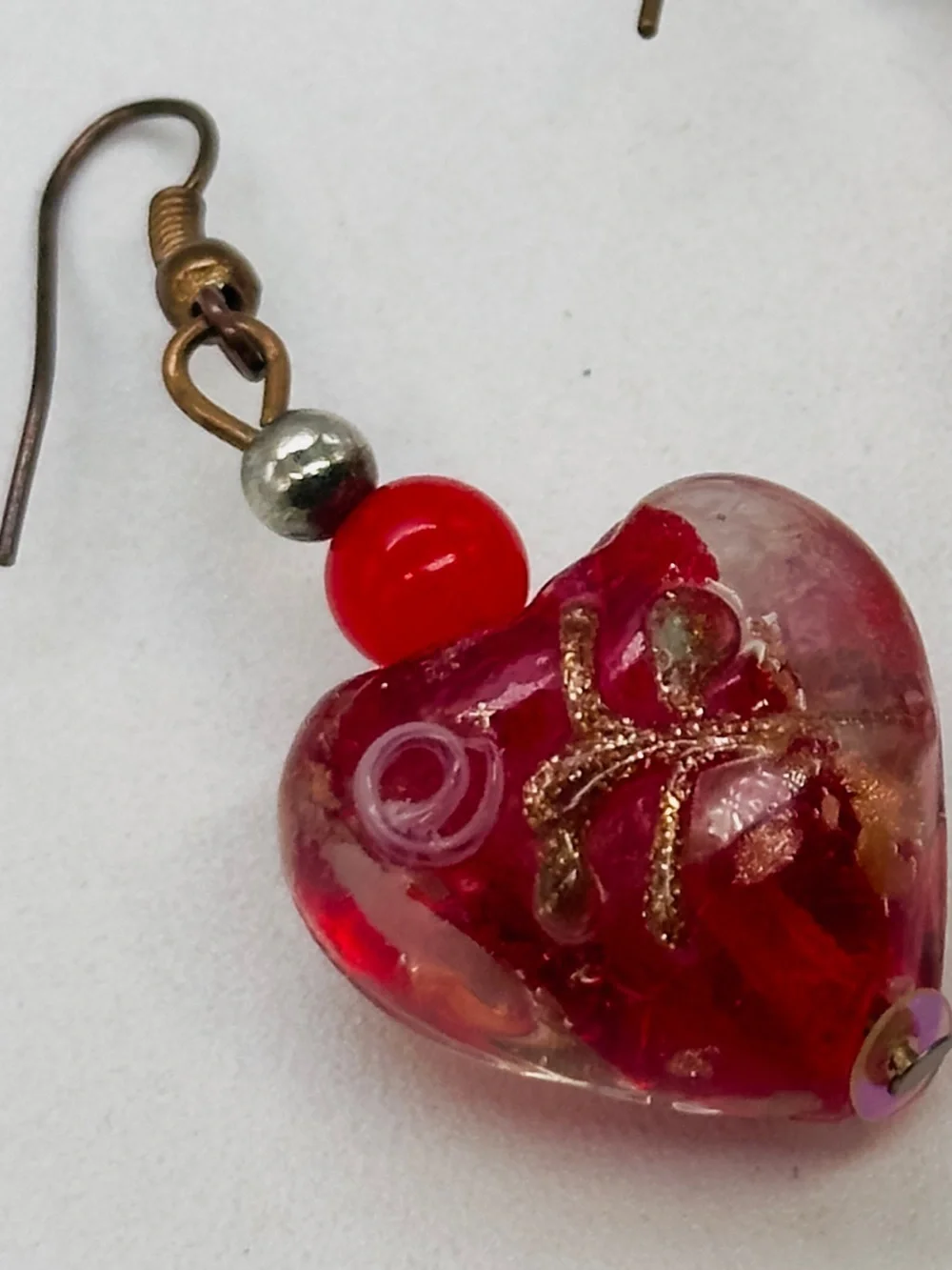 Art Glass Heart Drop Earrings Murano Style Red Hooks Pierced Valentines
